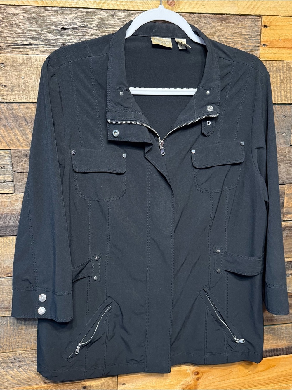 Chicos Zenergy Black 3/4 Sleeve Zip Up Utility Jacket